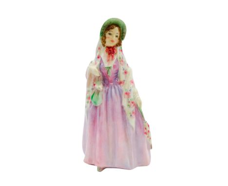 A young lady in a lavender purple dress with a green bonnet. A floral purple and pink shawl over her shoulders. Royal Doulton