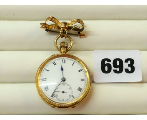 An 18ct gold fob wound open face fob watch early 20th century, with gilt three-quarter plate lever movement, white enamel Rom