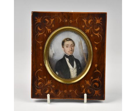 An Edwardian watercolour portrait miniature on ivory, of a gentleman, signed lower right, pencil inscription to back 'Benard 