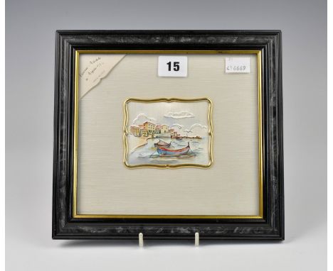 A framed Italian silver &amp; enamel plaque depicting a seaside town/harbour.