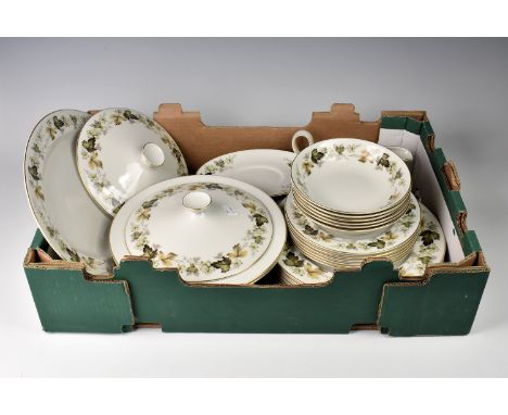 A Royal Doulton Larchmont pattern six-lace dinner service including two covered vegetable dishes, gravy boat &amp; stand and 