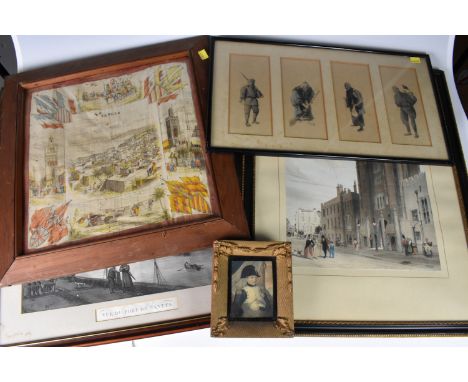 A framed 'Tanger' napkin together with various prints, miniature portrait of Napoleon; St James Palace; Vue Du Port De Vantes