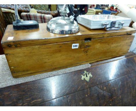 A vintage pine ammo/storage box with various collectable rummage contentscomprising of a Negretti & Zambra parallel rule (Cap