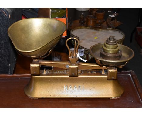 A set of gold painted Baker & Walsh cast iron scales + weights, with NAAFI (Navy, Army and Air Force Institutes) decal