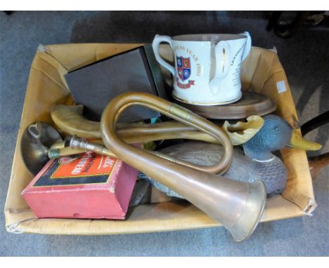 A rummage box to include a duck decoy; advertising ashtray; humpty dumpty teapot; bugle; marble solitaire, various other coll