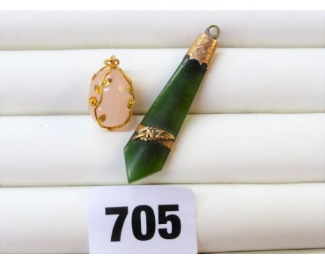 An 18ct gold mounted Rose Quartz egg pendent together with a 9ct gold mounted NZ Jade pendent. (2)