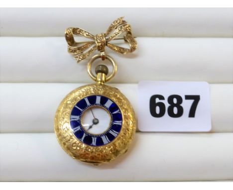 An 18ct gold and enamel half hunter fob watch by Baume & Co.early 20th century, signed fob wound gilt metal lever movement, 2