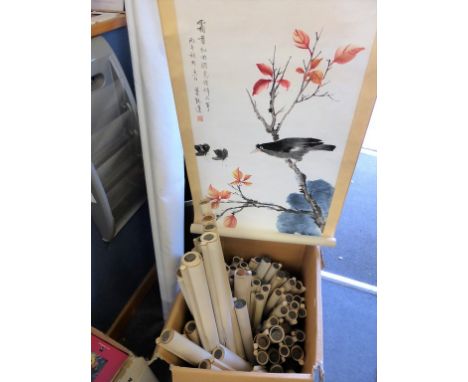 A large collection of Chinese style watercolour scroll paintings 20th century, watercolour on silk and paper scrolls, believe
