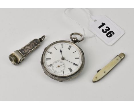 A silver cased pocket watch, silver mounted cigar cutter & folding pocket button hook (3)