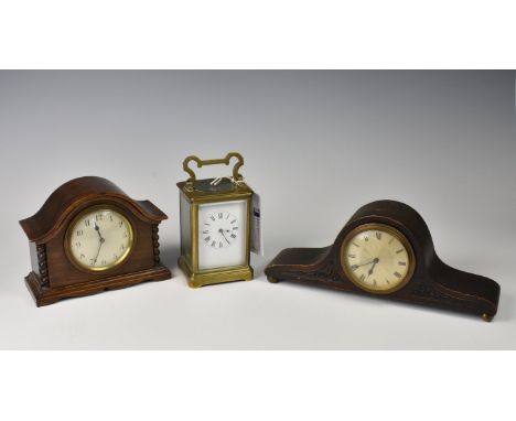 A French brass carriage clockearly 20th century, Corniche case, white Roman enamel dial, single train movement, 5¼in. (13.3cm