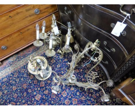 Two brass electroliers and a hanging lantern (3)
