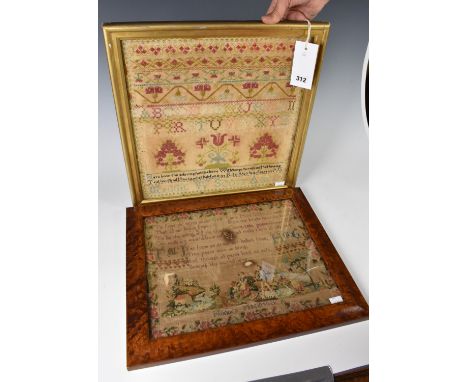 Two 19th century embroidered and needlework samplers the first signed 'Honora Macintosh 10', with embroidered scene of a fami