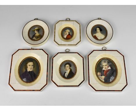 Six oval watercolour portrait miniatures modern, in the 19th century style, including Robert Schumann and Beethoven, all sign