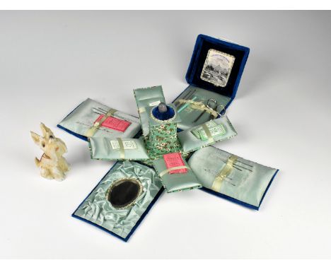 A Victorian The Great Exhibition souvenir sewing compendium in a kingfisher blue velvet fold-out case, with pale green silk l