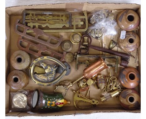A brass knocker, an Antique key, miniature pots etc 