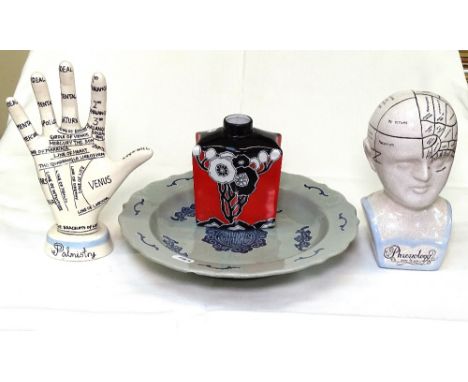 A phrenology head, 20.5cm, a palmistry hand, a Carlton Ware caddy, and a dish 