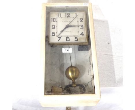 A Brillie electric wall clock, 6" square dial with centre sweep seconds hand, marble backing and white painted metal case, ca