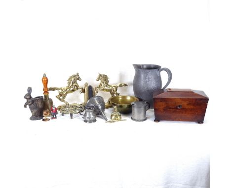 A Harvard pewter jug, an Edwardian tea caddy, a turned wood handled bell etc 