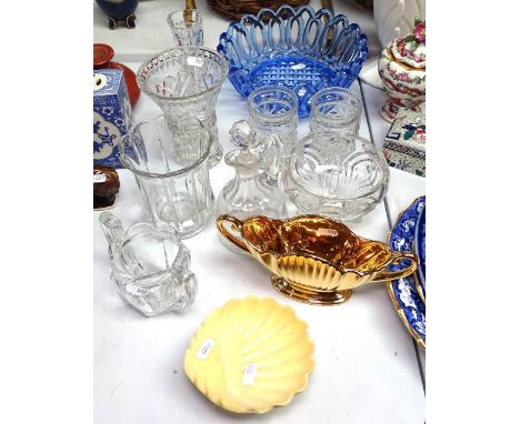 A glass fruit bowl, a jug decanter, and other glassware 