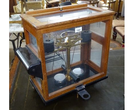 Victorian brass scientific balance scales, teak-cased, by L Oroertling Ltd London, model 62F.M, W43cm, H50cm 