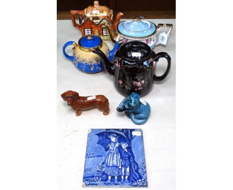 A Victorian Wedgwood tile, teapots, animals etc 
