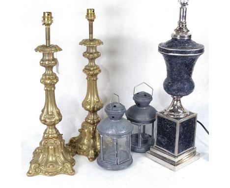 A pair of cast-brass table lamps, height 49cm overall, another table lamp, and a pair of lanterns 