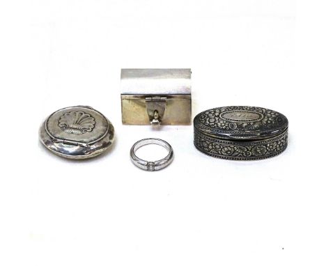 Mexican silver casket trinket box, 2 other silver trinket boxes, and a stone set silver ring (4) 