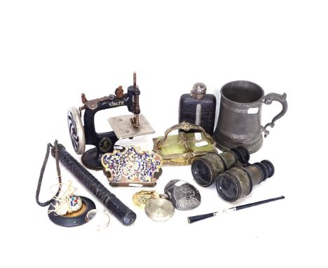 A gilt-brass desk blotter, miniature Singer sewing machine, a fishing priest, a crocodile-covered spirit flask etc 