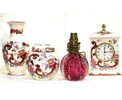 Mason's Mandalay Red pattern clock, jar and vase, and a bubble glass table lamp 