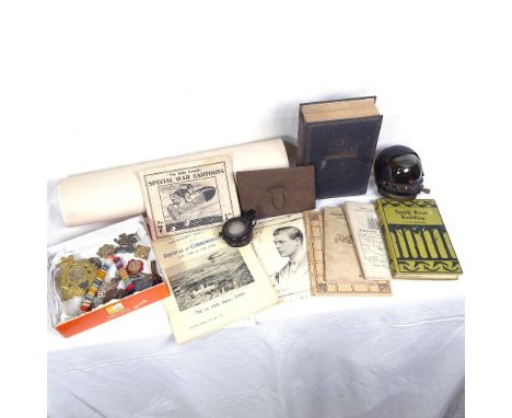Various Second War ephemera, including Barker &amp; Son Mk III Prismatic compass, Italian bomber compass, cap badges, Ordnanc