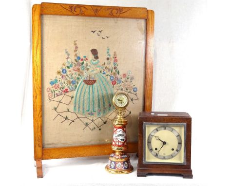 An oak-framed fire screen, an Italian clock, and a 2-train mantel clock 