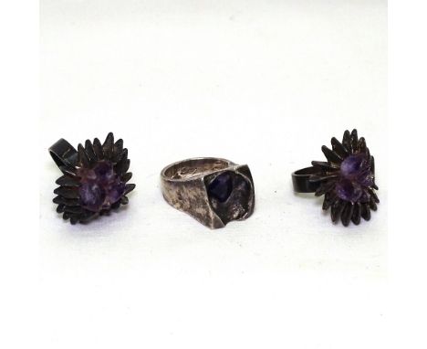 2 Danish sterling silver amethyst crystal stylised rings, by Hans Sneedorft-Kruge, both size M, and a similar silver and amet