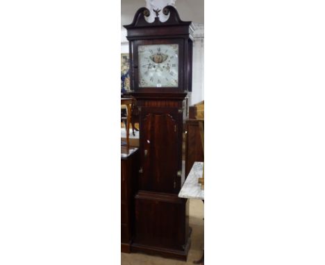 A George III 8-day longcase clock, with a 14" painted square dial, striking on a bell, with moonphase and date aperture, maho