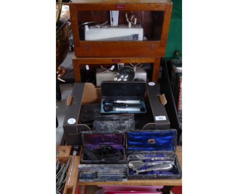 2 Benward instruments cases with scales, and a box of optician's and medical instruments, cased 