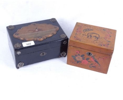 A Chinese lacquer tea caddy with elephant decorated lid, and a Victorian jewel box with hand painted steeplechase design to t