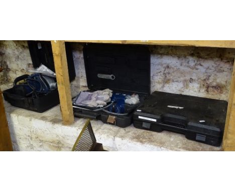 A cased Powercraft wall chaser, a cased Powercraft drill, jigsaw and sander, no batteries, and a cased Powercraft hammer dril