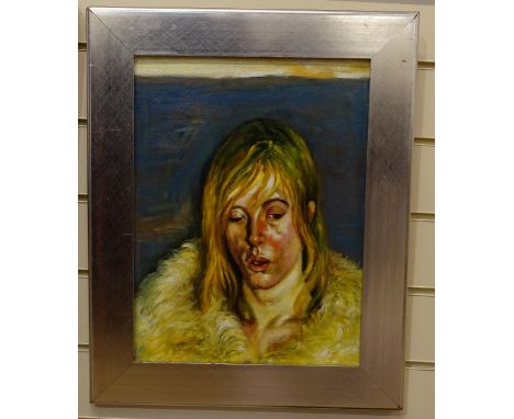 After Lucian Freud, oil on board, portrait, unsigned, 15" x 11.5", framed 