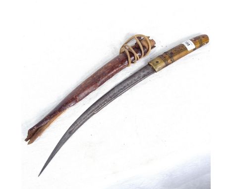 An Eastern knife with horn handle, length 50cm, with leather-covered scabbard 