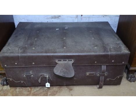 A large Vintage leather-bound travelling trunk, with fitted tray, W93cm 