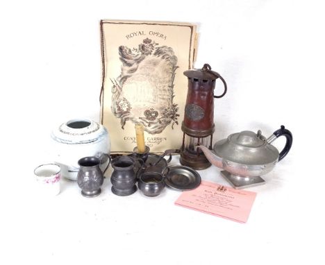 A copper miner's lamp, a pewter teapot, a 1950 Covent Garden Royal Opera brochure etc 
