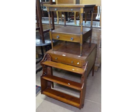 A Victorian mahogany Pembroke table, W59cm, a mahogany hanging shelf, W61cm, and a ewer 2-tier lamp table, W50cm 