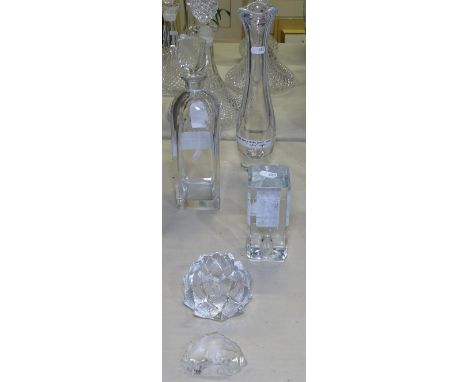 An Orrefors decanter and stopper, 29.5cm, an Orrefors vase, a Finnish Arkipelago candle holder etc 