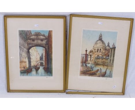 R H Smallridge, pair of original coloured etchings, the Bridge of Sighs Venice, and Santa Maria, framed, 38cm x 50cm 