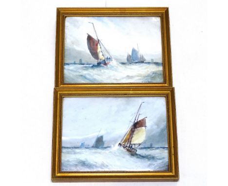 W.E.S. Dean (Royal Crown Derby artist), a pair of paintings on ceramic panels depicting boats at sea, framed, height 13cm ove