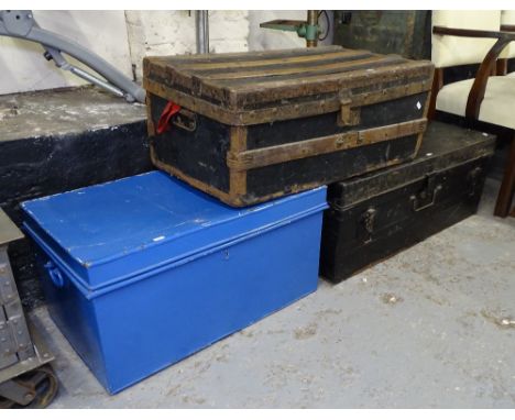 2 painted metal trunks, and a wooden slat-bound trunk 