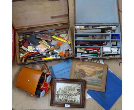 2 wooden cases with writing items, tools, a pair of binoculars, a photo etc 