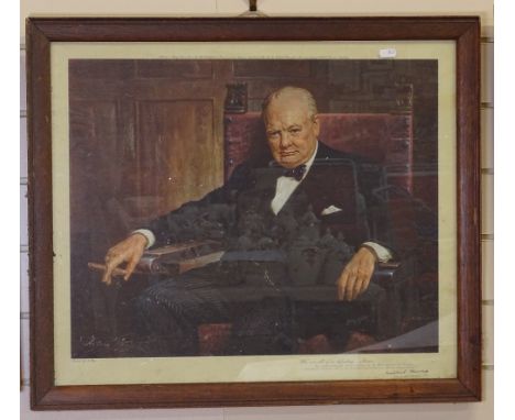 Arthur A Payne, colour print of Winston Churchill, oak-framed, 68cm x 58cm 
