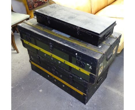 2 slat-bound Vintage travelling trunks, and a black painted metal trunk 