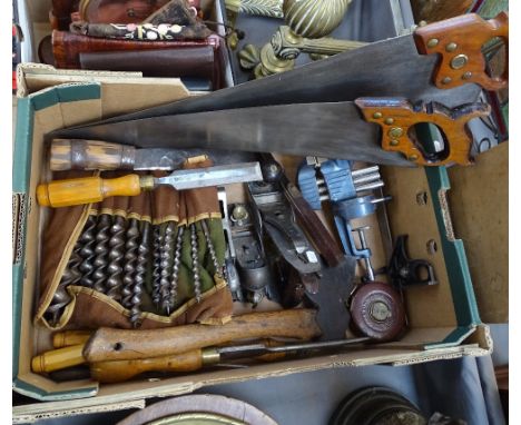 A box of carpenter's tools, including Stanley and Record planes, a knife, a tape, an axe etc 