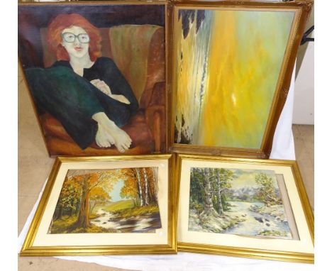 Large oil on canvas, portrait study of a young girl, and 3 others 